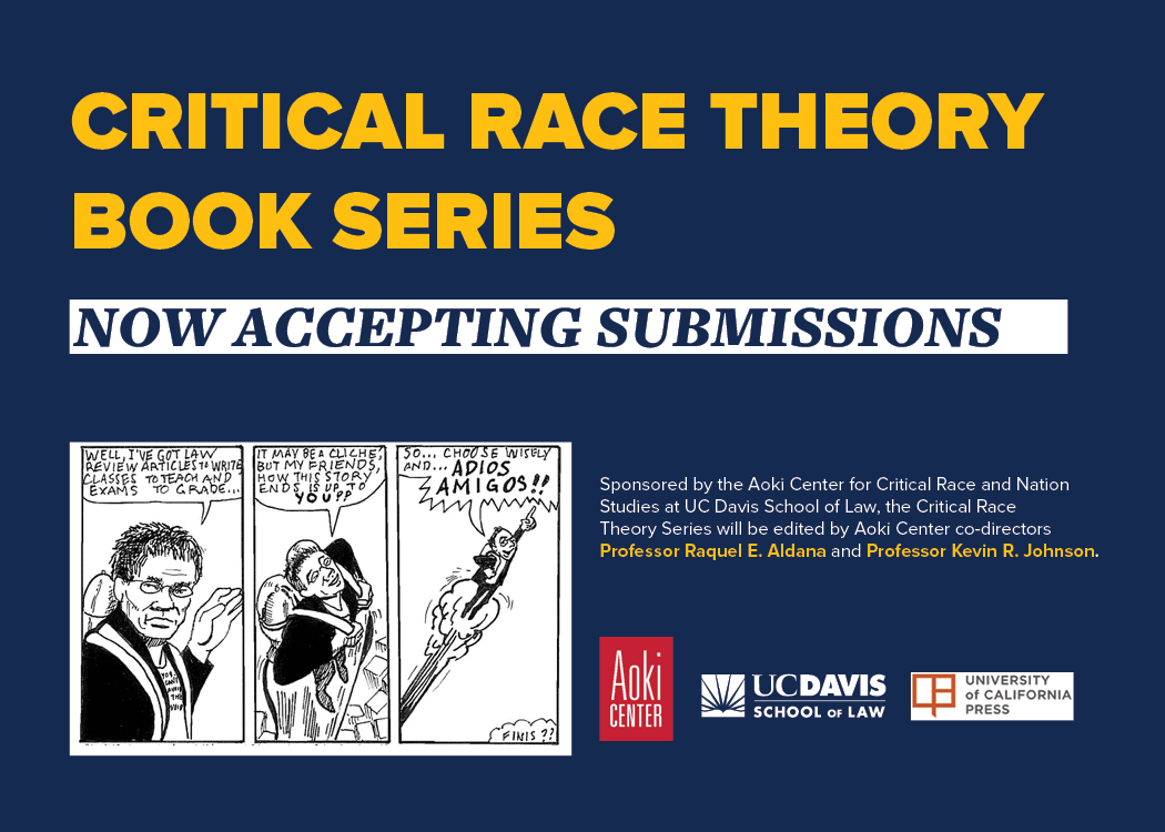 A blue graphic with yellow text that says, "Critical Race Theory Book Series" and a small description about this upcoming research project.