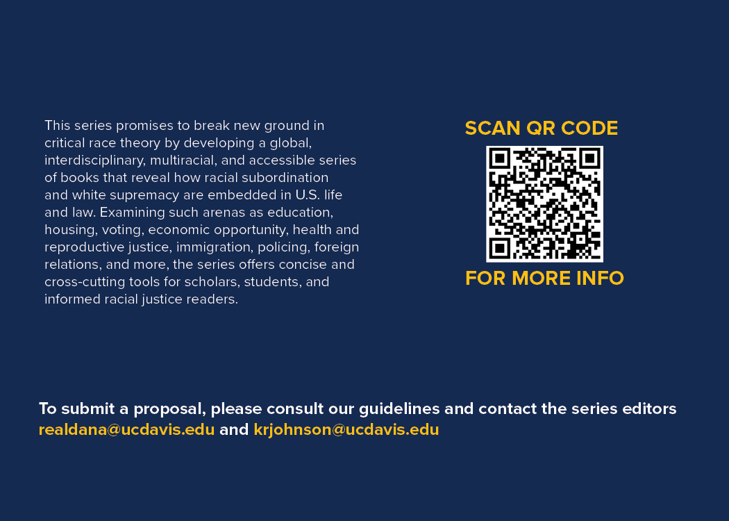 A blue graphic with a description about UC Davis Law Dean Kevin Johnson's upcoming book project. 