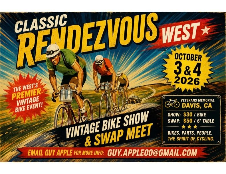 Vintage poster: two cyclists, 'Classic Rendezvous West' bike show, Oct 3–4, 2026.