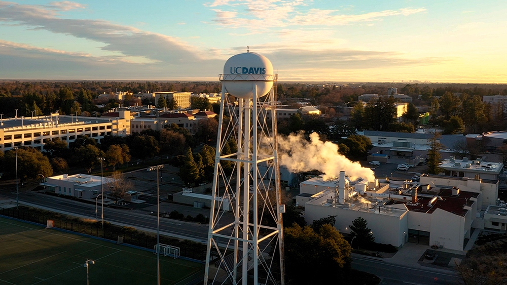 An aerial shot of UC Davis with the water tower.