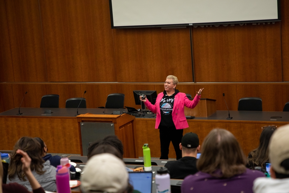 Bamby Salcedo addresses students at UC Davis School of Law. 